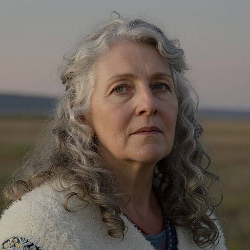 Photograph of an elderly woman with long, wavy gray hair, wearing a white, fuzzy sweater, standing outdoors against a blurred, rural landscape at