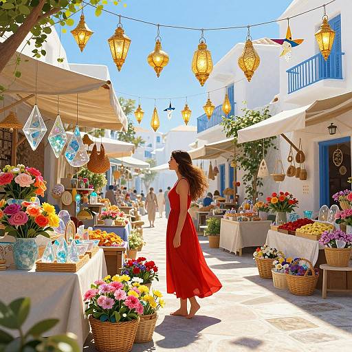 Photograph of a sunny, vibrant market street with a woman in a red dress walking past colorful flower stalls, hanging lanterns, and white-washed