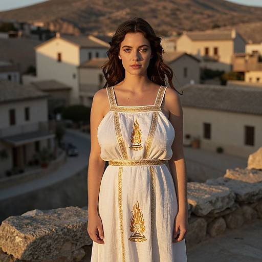 Photograph of a brunette woman with wavy hair, wearing a white, gold-embroidered Greek-style dress, standing on a stone wall in