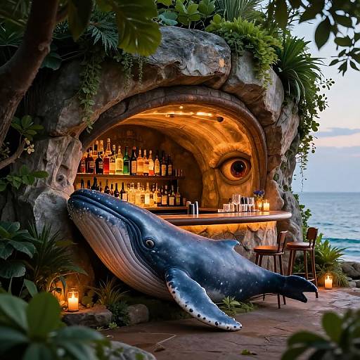 Fantastical ocean-themed bar with a large blue whale sculpture, cave-like entrance, warm lighting, liquor bottles, and ocean view. Photorealistic