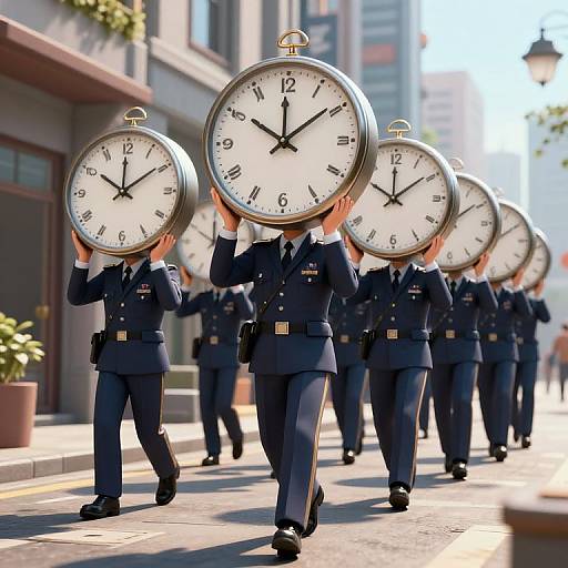 Photograph of uniformed police officers in navy blue suits, marching in a city street, each holding a large, round clock above their head. Urban