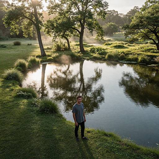 Photograph of a middle-aged man standing by a serene, sunlit pond in a lush, green park with tall trees and grassy banks.