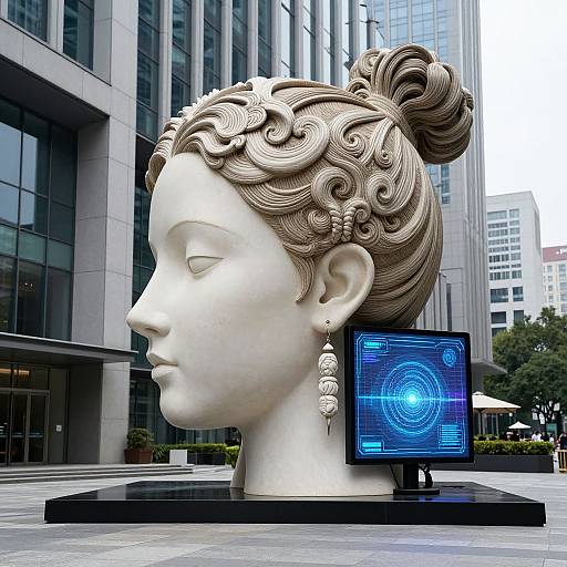 Photograph of a white marble head sculpture with intricate hair, wearing ornate earrings, in front of a blue digital screen, set in an urban plaza