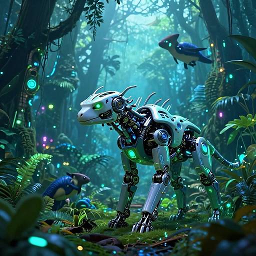 Digital artwork of a glowing, cybernetic dragon with neon lights in a vibrant, luminescent forest, surrounded by bioluminescent birds and