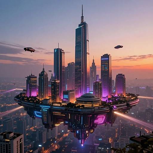 Digital art: Futuristic floating cityscape at sunset with neon-lit skyscrapers, two flying cars, and vibrant purple, blue, and orange