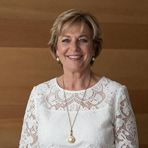 Smiling Middle-Aged Woman in White Lace Dress