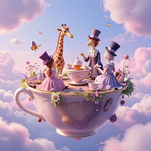 Whimsical digital illustration of a teacup with giraffe, top-hatted man, and two girls in dresses, floating in a blue sky