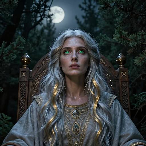 Digital fantasy artwork of a silver-haired woman with glowing green eyes, wearing an ornate grey robe, seated on a dark wooden throne under a full moon
