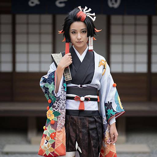 Photograph of an Asian woman in a colorful, ornate kimono with floral patterns, holding playing cards, standing in front of traditional Japanese shoji