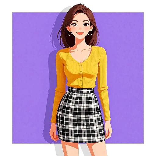 Digital anime-style illustration of a smiling woman with long brown hair, wearing a yellow long-sleeve cardigan and black-white plaid skirt, against