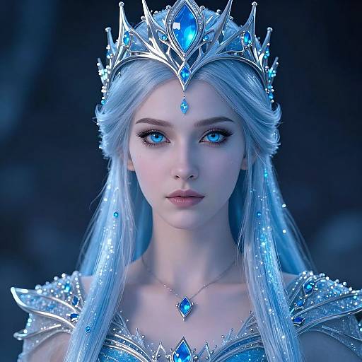 Digital art of a fair-skinned, blue-eyed, silver-haired queen with a blue gemstone tiara, necklace, and intricate silver armor, set