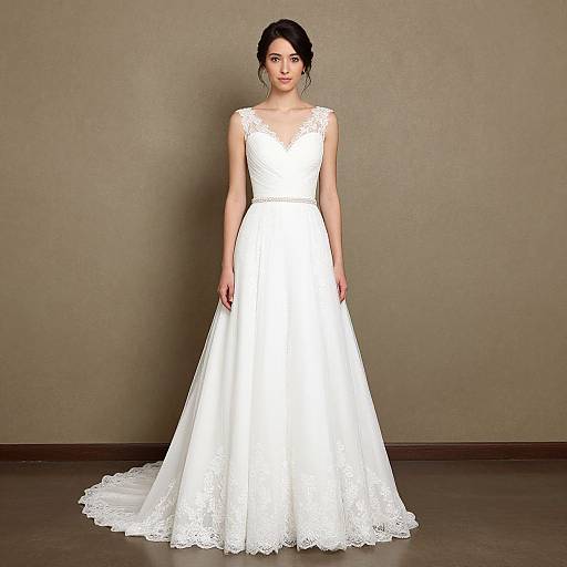 Photograph of a young woman with dark hair in an elegant, sleeveless white lace wedding dress, standing against a plain brown wall.