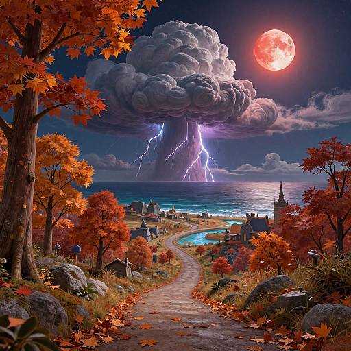 Digital artwork: Stormy night sky with a giant, lightning-spewing cloud over a quaint, autumnal graveyard village, illuminated by a glowing red moon