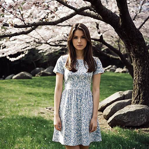 Young Woman Standing Under Cherry Blossoms