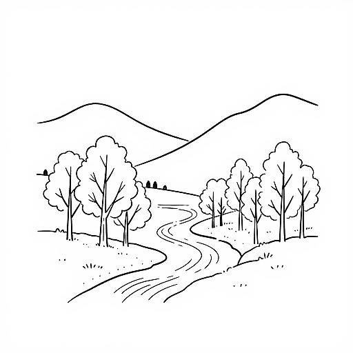 Black and white line drawing of a winding path through a landscape with trees and rolling hills in the background.