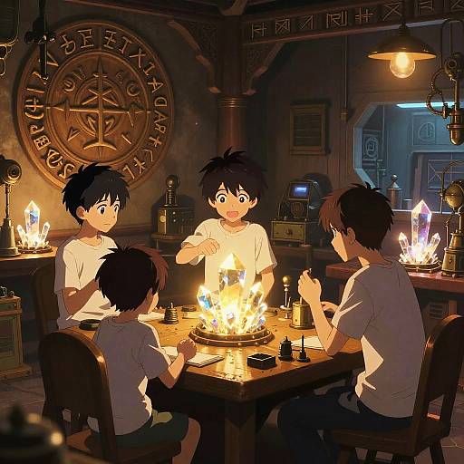 Anime-style digital illustration of four young boys with black hair, wearing white shirts, sitting around a glowing wooden table with crystals, in a dimly lit