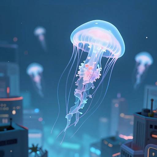 Digital artwork of glowing blue jellyfish with translucent, flowing tendrils floating above a futuristic cityscape with illuminated buildings.
