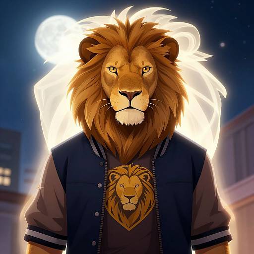 Digital art of a glowing lion with a majestic mane, wearing a dark jacket with a lion emblem, standing against a night sky with buildings in the background