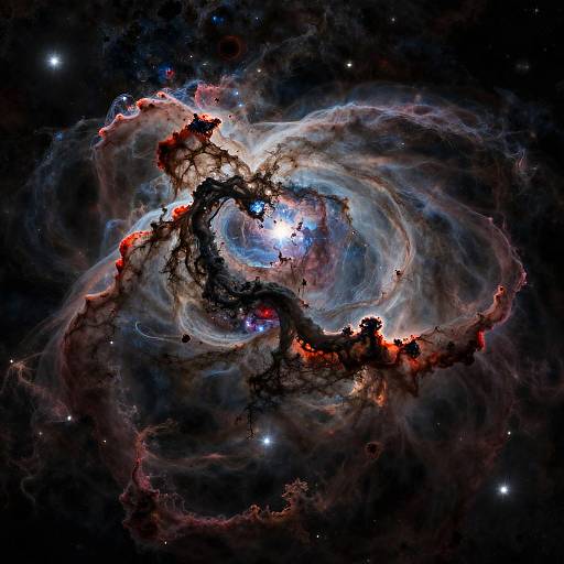 Photograph of a vibrant, swirling nebula with bright blue and white core, surrounded by red and black gas clouds, set against a dark, star