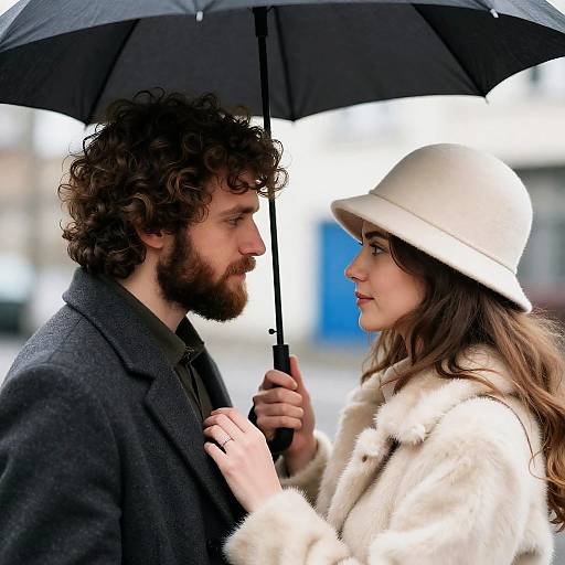 Romantic Encounter Under a Black Umbrella