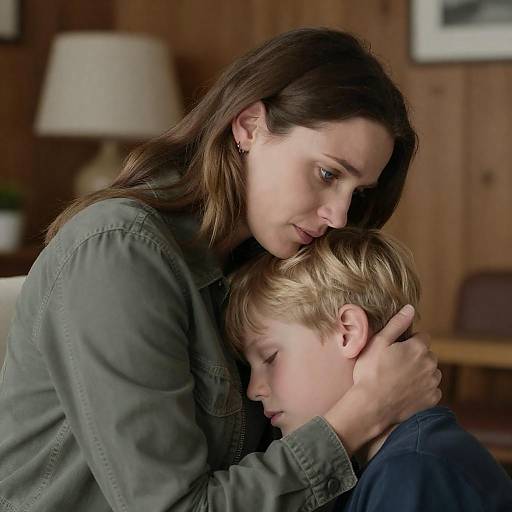 Tender Mother Embrace in Warm Wooden Room