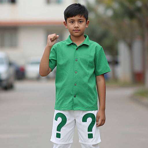 Photograph of young Asian boy with short black hair, wearing green shirt and white shorts with green question marks, standing on a blurred street, raising his