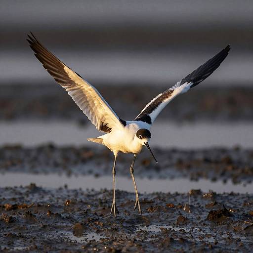 Pied Avocet in Flight on Mudflat