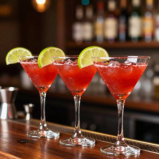 Photograph of three vibrant red margaritas with ice and lime slices in elegant martini glasses on a wooden bar counter. Blurred liquor bottles in