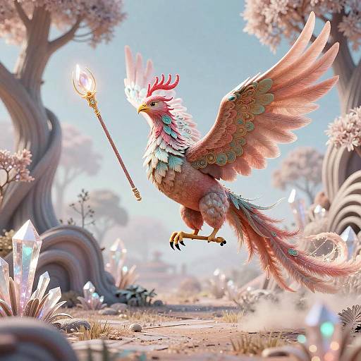 Digital fantasy artwork of a vibrant, pink-feathered phoenix with golden accents, holding a glowing staff, soaring in a magical forest of twisted trees and