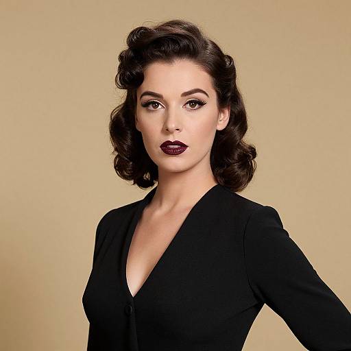 Photograph of a fair-skinned woman with dark, wavy 1940s-style hair, wearing a black V-neck blouse, and dark red
