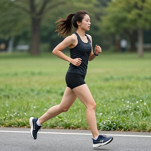 Photograph of an Asian woman with a ponytail, wearing a black tank top and shorts, running on a grassy park road.