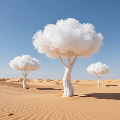Digital artwork of surreal white cloud-trees with fluffy, cloud-like canopies in a bright blue sky over sunlit, rippled desert sand.