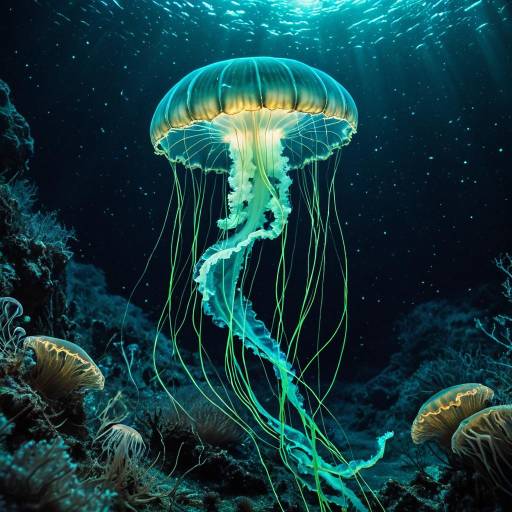 Glowing Bioluminescent Jellyfish in Deep Sea Abyss