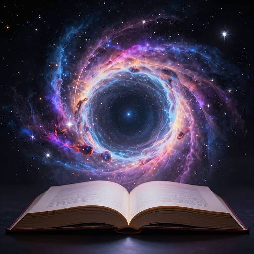 Open book emitting colorful, swirling galaxy with stars, set against a dark, starry space background, blending reality and cosmic fantasy.