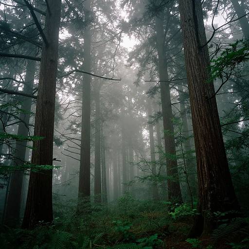 Photograph of a misty redwood forest with tall, towering trees, dense fog, and lush green underbrush, creating a serene, ethereal