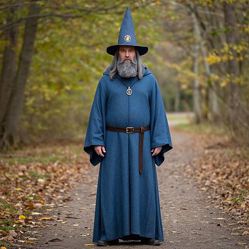 Photograph of a gray-bearded wizard in a blue robe and pointed hat standing on a leaf-covered forest path in autumn.