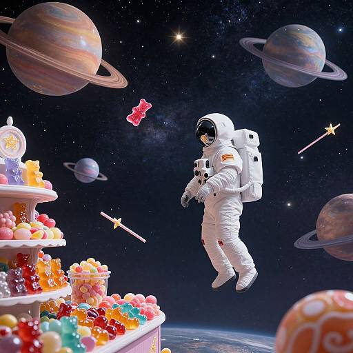Photorealistic digital art: Astronaut in white spacesuit floating in space, reaching for colorful candy-filled tiered cake amidst planets and stars.