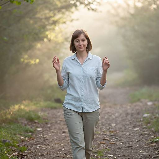 Photograph of a smiling Caucasian woman with short brown hair, wearing a white button-up shirt and light gray pants, walking along a foggy, sun