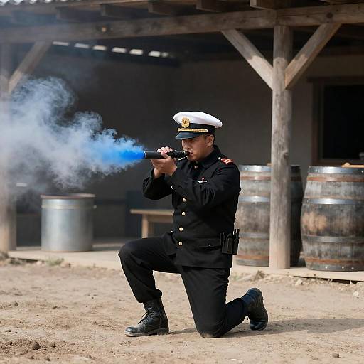 Man in Uniform Firing Blue Flare
