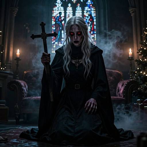 Digital artwork of a pale, long-haired figure with glowing red eyes, holding a cross, kneeling in a smoky, dark Gothic church.