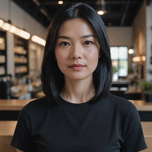 Calm Asian Woman in Coffee Shop