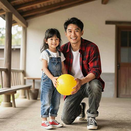 Photograph of a smiling Asian man in a red plaid shirt and jeans, kneeling with a young girl in blue overalls, holding a yellow balloon