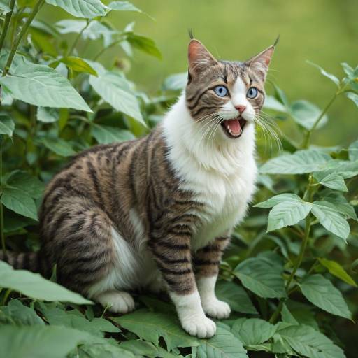 Playful Fluffy Cat in Green Leaves Playful Fluffy Cat in Green Leaves