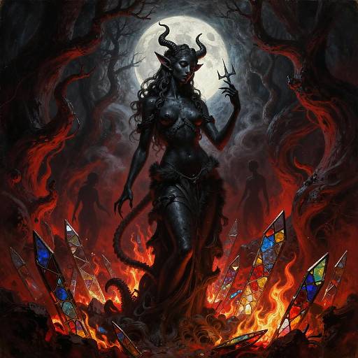 Digital painting of a dark, horned demoness with long hair, silhouetted against a full moon, standing among fiery, colorful stained glass