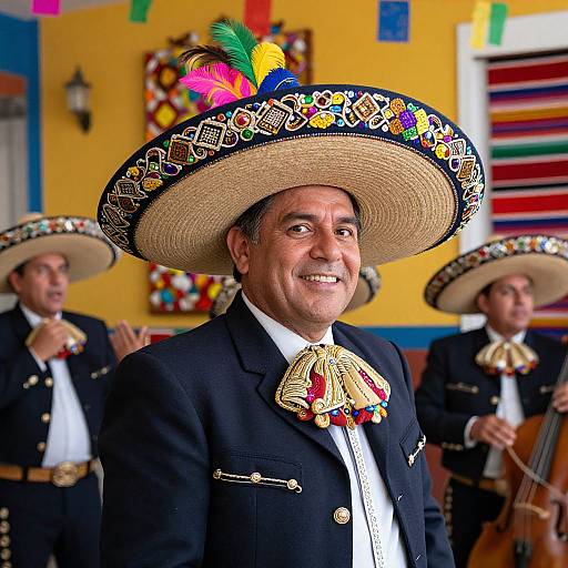 Photograph of a smiling Mexican man in a large, ornate sombrero, black suit, and colorful bow tie, performing with musicians in a brightly