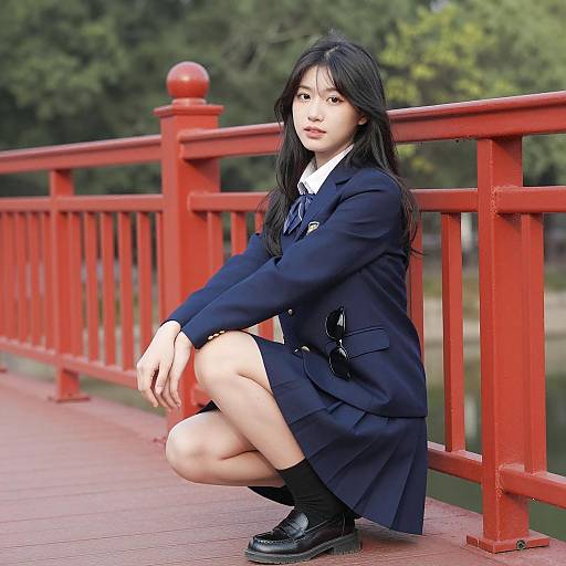 Asian Woman in Blue School Uniform on Red Bridge