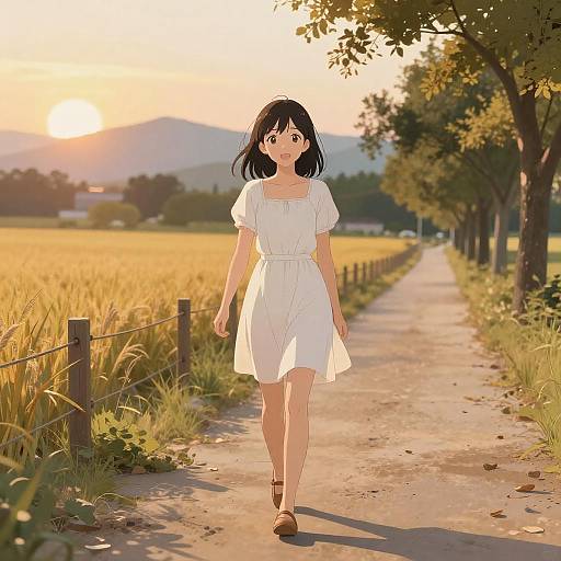 Anime Woman Walking at Sunset