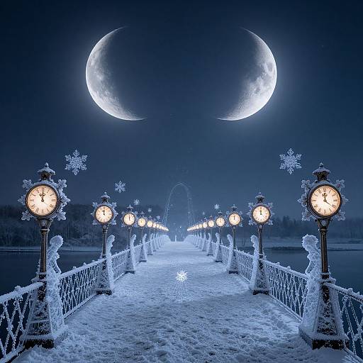 Photograph of a snow-covered bridge at night with glowing lampposts, snowflakes, and a bright crescent moon in a dark blue