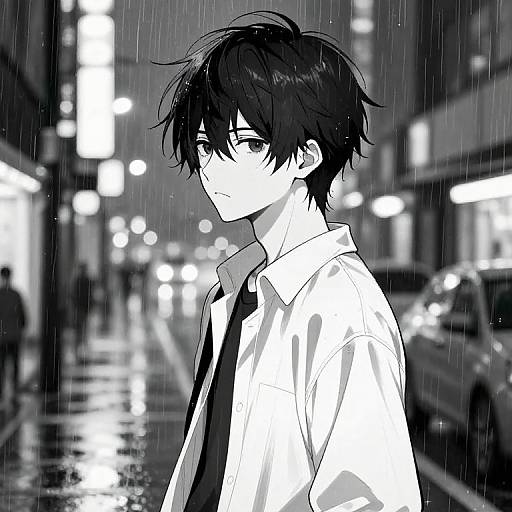 Black-and-white manga-style drawing of a melancholic young man with tousled dark hair, wearing a white shirt and black tie, standing in a rainy