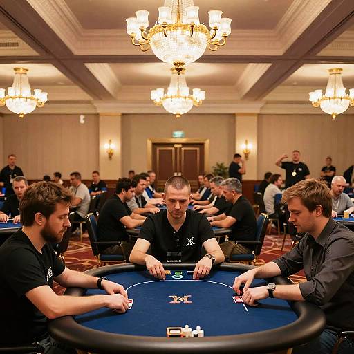 Photograph of intense poker game in opulent room with chandeliers; three men in black shirts focus on blue table, surrounded by seated players.